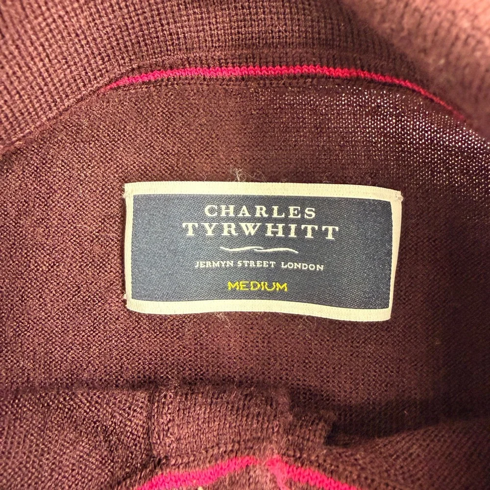Charles Tyrwhitt Men M Extra Fine Merino Wool Long Sleeve Polo Sweater Plum Soft